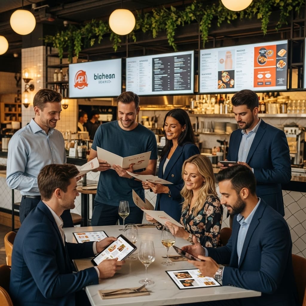 Group of diverse individuals in a restaurant engaging with menus and digital devices, illustrating restaurant marketing strategies for effective local discovery and customer engagement.