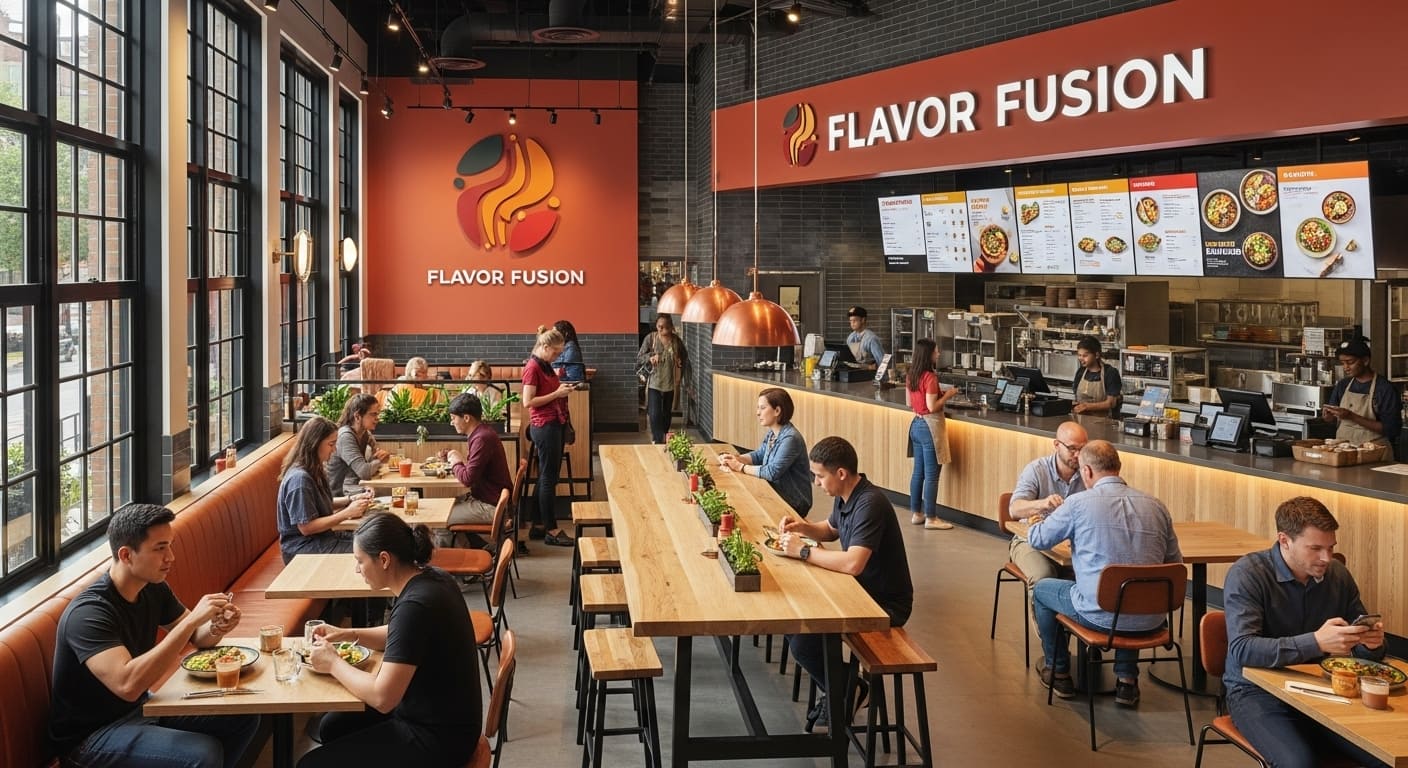 Modern restaurant interior showcasing "Flavor Fusion" branding, featuring diners enjoying meals at communal tables, vibrant decor, and a visible menu board, emphasizing local dining experiences and marketing appeal.
