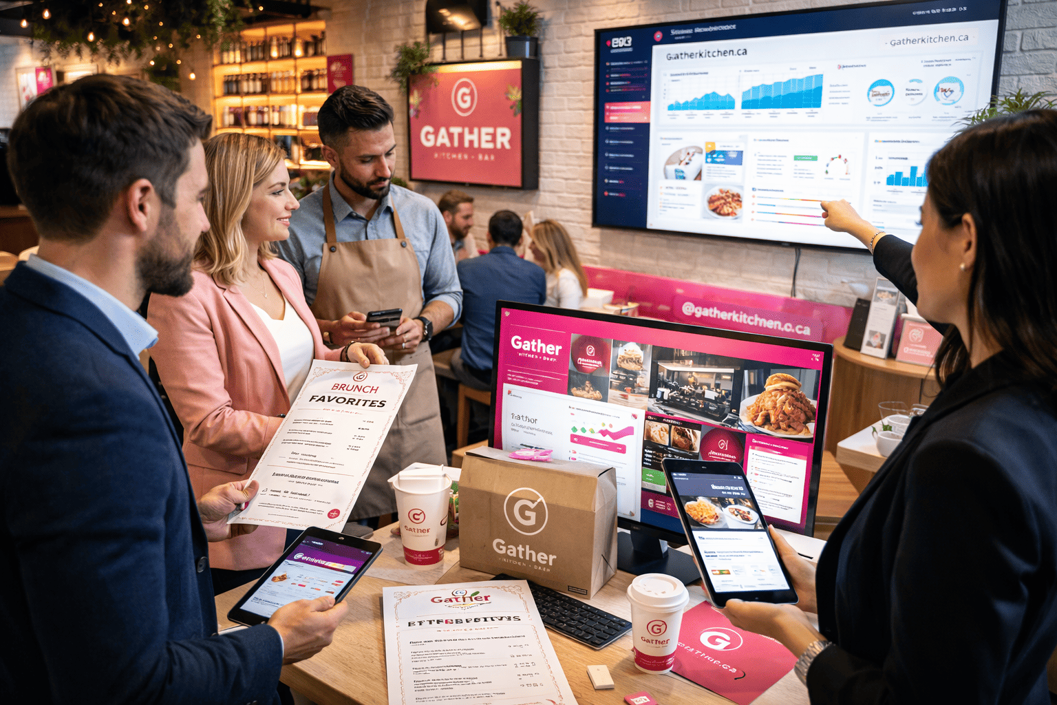 Group of restaurant team members discussing marketing strategies with digital menus and analytics display in a modern restaurant setting, featuring "Gather Kitchen & Bar" branding.