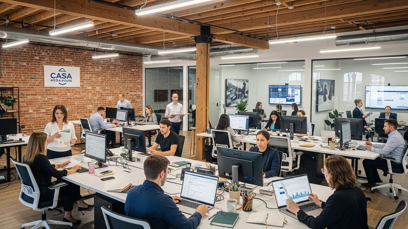 Office environment of Casa Media House with employees engaged in digital marketing tasks, featuring multiple workstations, computers displaying analytics, and a prominent agency logo on the wall.