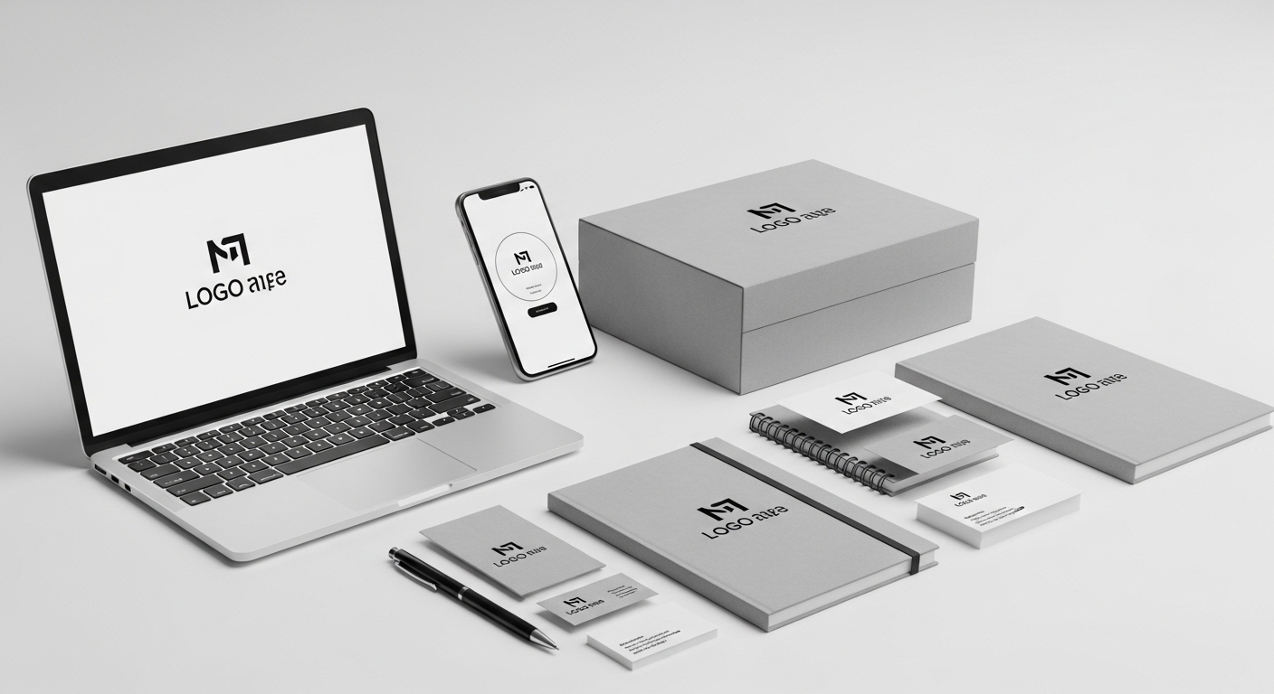 Mockup of logo design branding materials including laptop, smartphone, business cards, notebooks, and packaging box featuring the logo "LOGO AIE."
