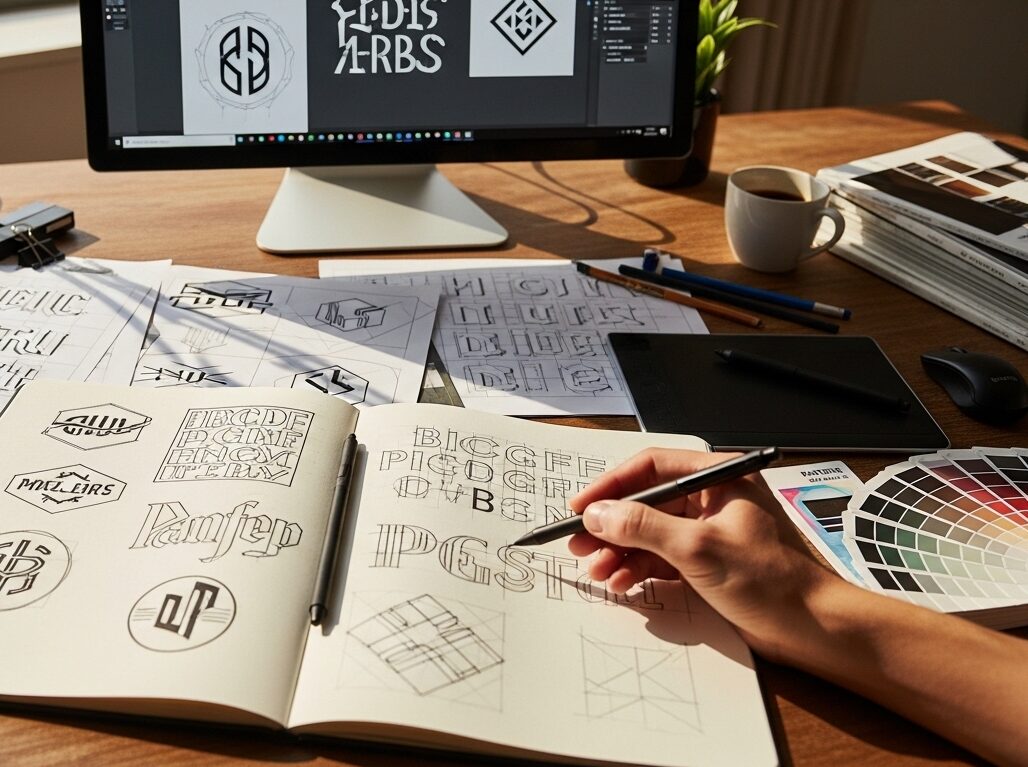 Hand sketching logo designs in a notebook with digital design software on a monitor, showcasing branding concepts and color palettes for logo development.