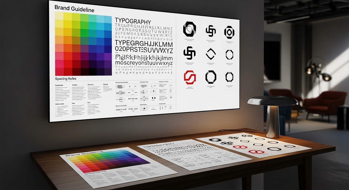 Brand guidelines display featuring color palettes, typography rules, and logo designs on a screen, with printed materials on a wooden table, illustrating professional branding elements for logo design services.