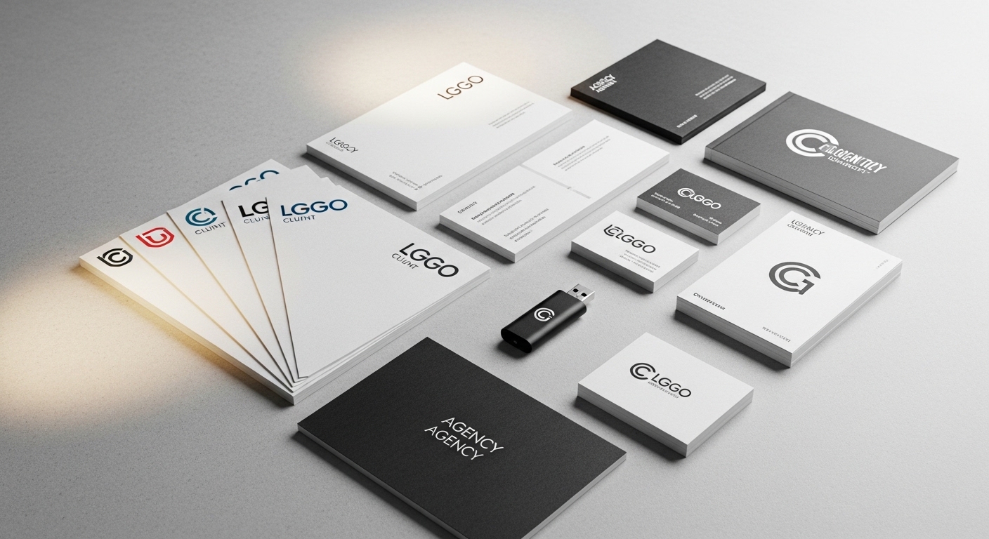 Brand identity mockup featuring business cards, letterheads, and a USB drive, showcasing logo design elements for a digital agency, emphasizing cohesive branding for small businesses.