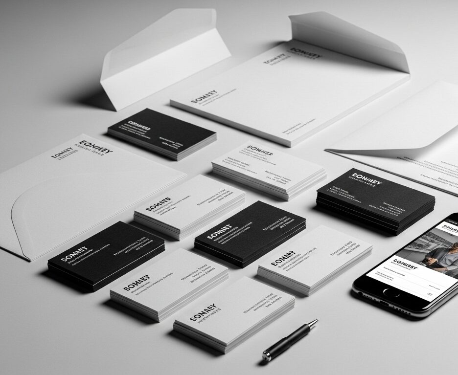 Business card design showcase featuring black and white cards, branded stationery, and a smartphone displaying a contact page, emphasizing professional business identity and high-quality printing services.