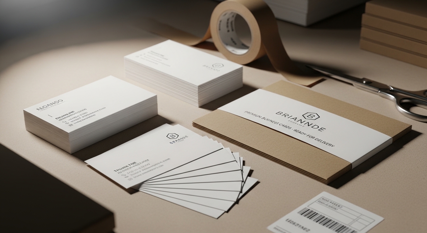 Premium business cards displayed with branding elements, showcasing clean design, typography, and packaging, emphasizing quality and customization for effective brand communication.