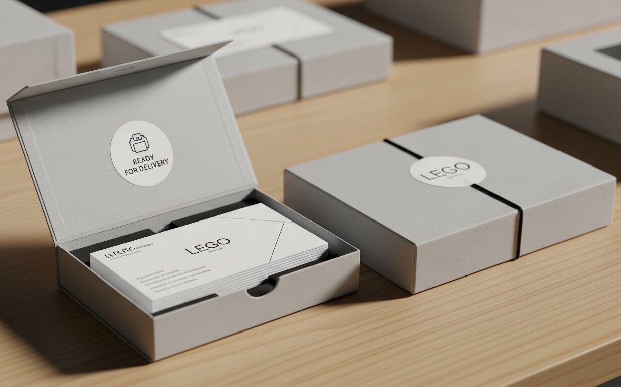 Business card design in elegant packaging, featuring "LEGO" branding, labeled "Ready for Delivery," showcasing professional printing quality relevant to Casa Media House's design services.