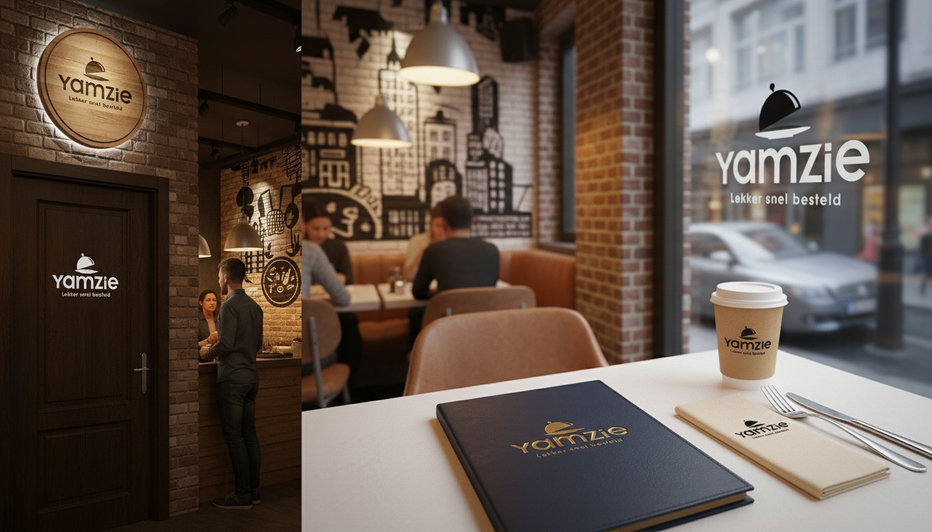 Yamzie logo on wooden wall, modern café interior with diners, menu on table, takeaway coffee cup, urban setting.