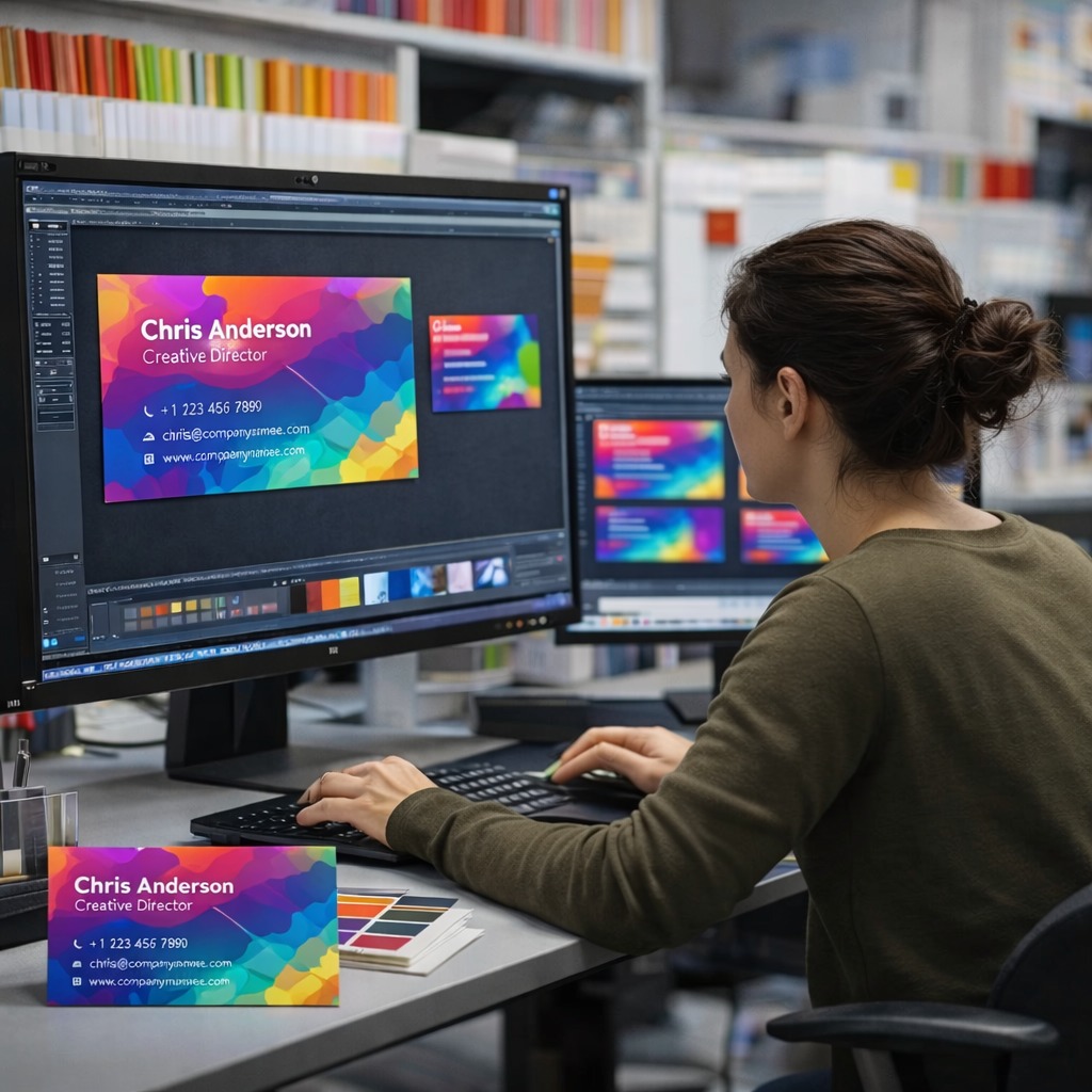 Designer working on vibrant business card mockups on dual monitors, showcasing creative layout and typography elements, with color swatches on the desk, reflecting Casa Media House's brand-forward design services.