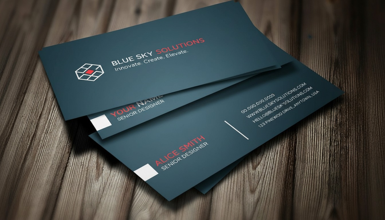 Business cards featuring "Blue Sky Solutions" logo, contact details, and designer titles, showcasing professional design and branding for business networking.