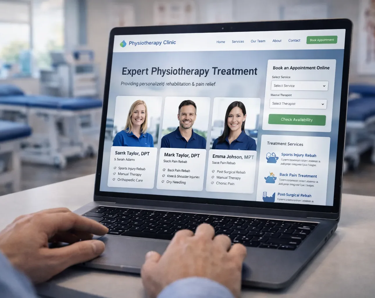 Physiotherapy clinic website showing therapist profiles and online appointment booking system.