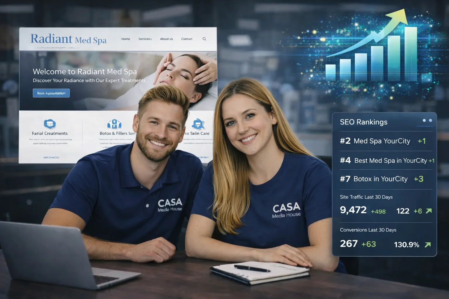 Couple of marketing professionals from CASA Media House smiling in front of a laptop, showcasing Radiant Med Spa website with SEO rankings and growth metrics.
