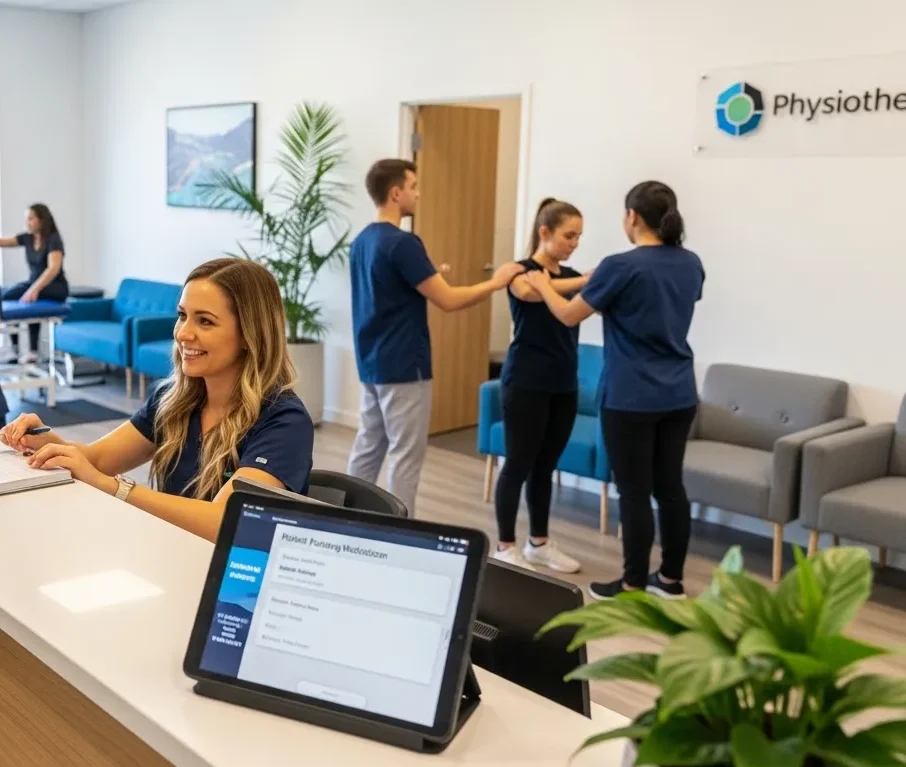 Patients arriving at a physiotherapy clinic reception area for scheduled appointments.