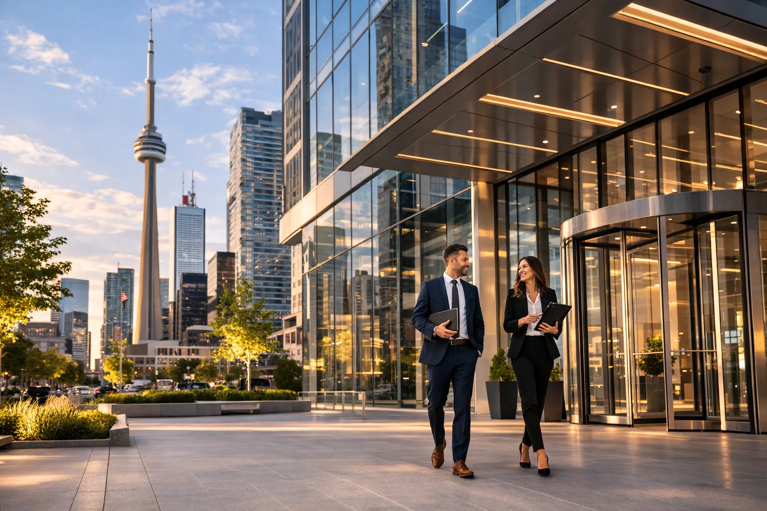Professionally dressed man and woman walking outside a modern financial building in Toronto, with the CN Tower visible in the background, symbolizing business growth and client engagement in financial services marketing.