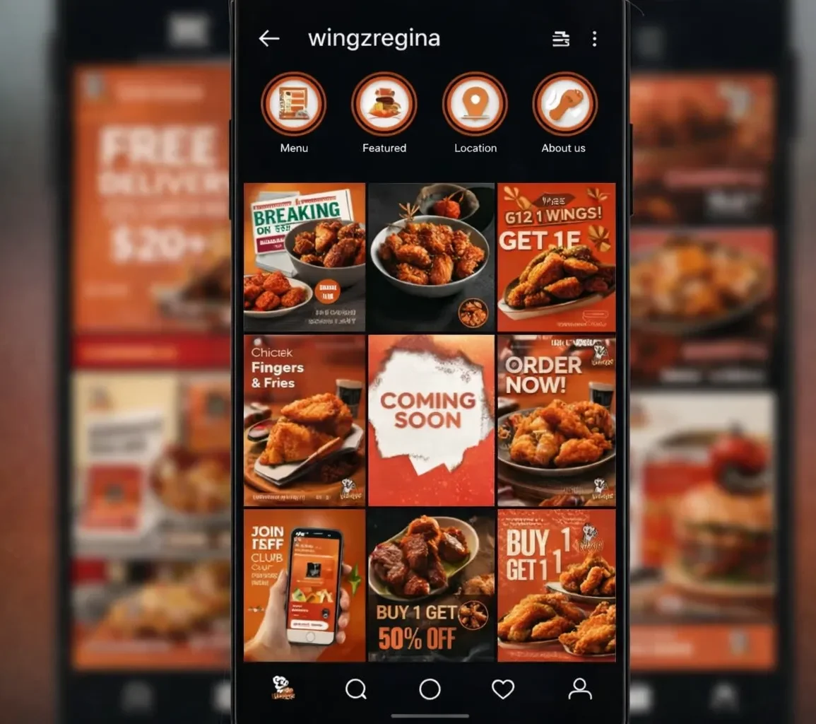 Mobile phone displaying a vibrant restaurant Instagram profile featuring promotions for wings, menu items, and special offers, emphasizing delivery and engagement strategies for restaurant marketing.