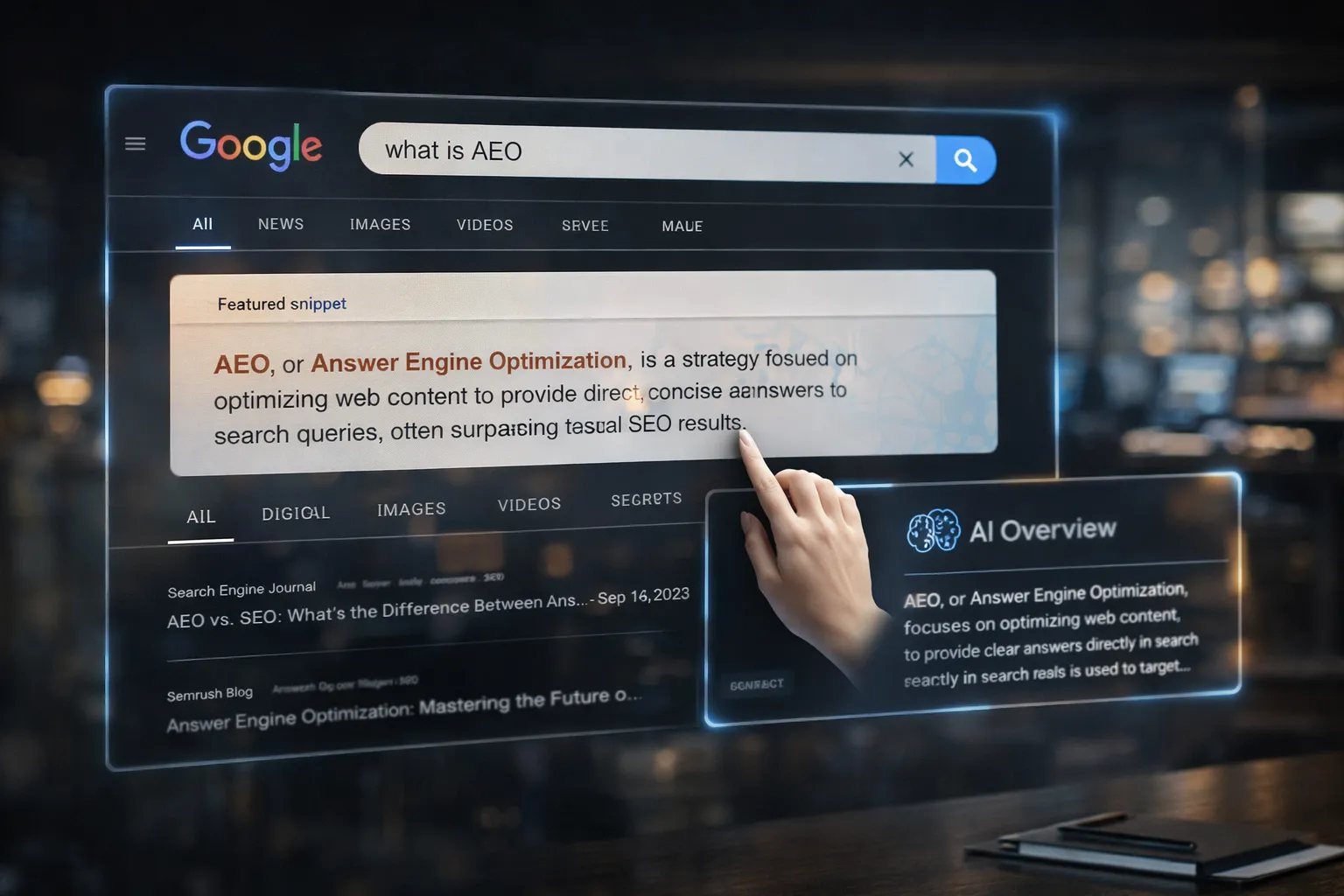 Google search results showing AI overview and featured snippet for AEO query