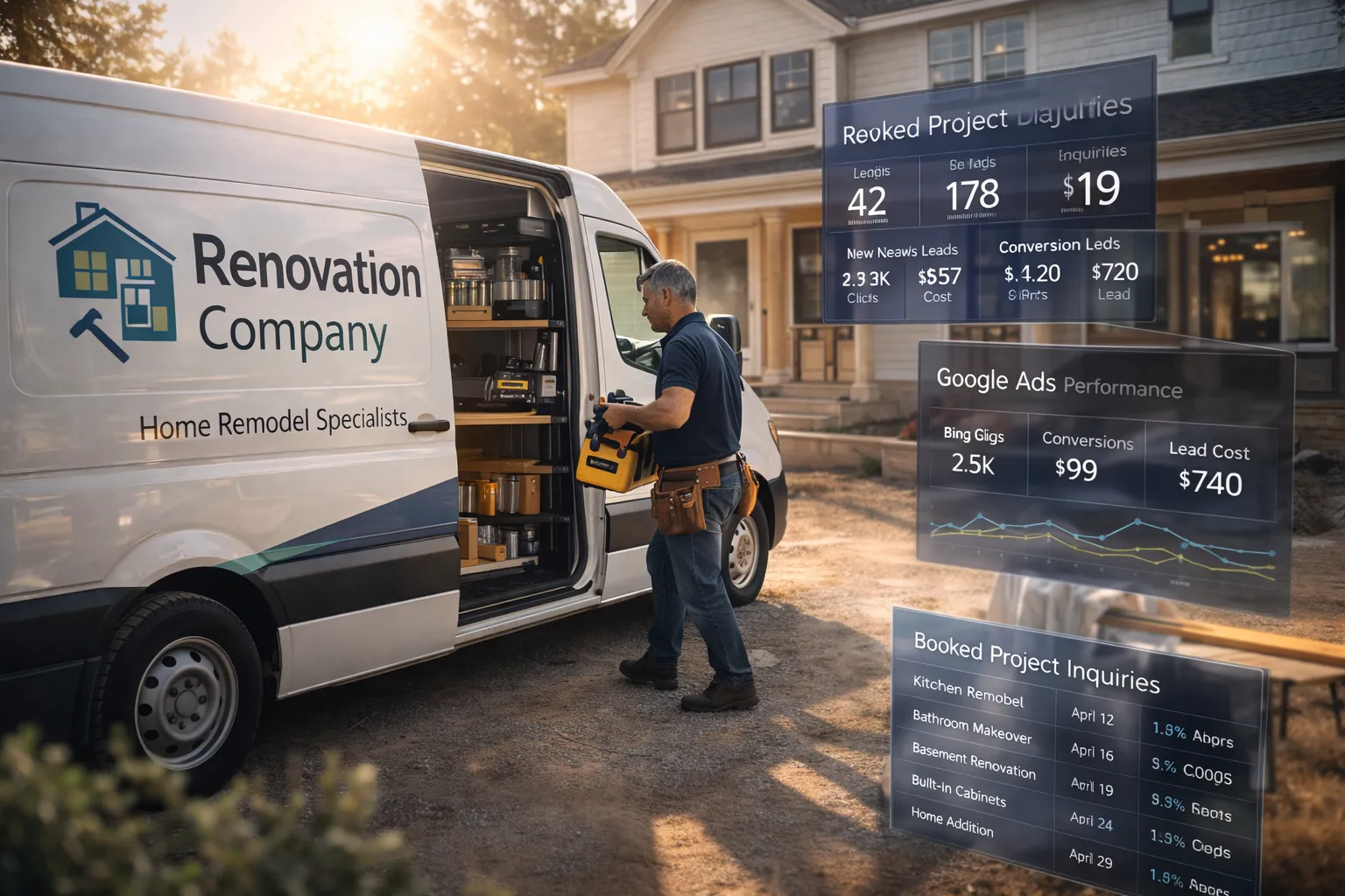 Renovation company van with home remodel specialist, displaying project statistics and Google Ads performance metrics, set in a residential area.