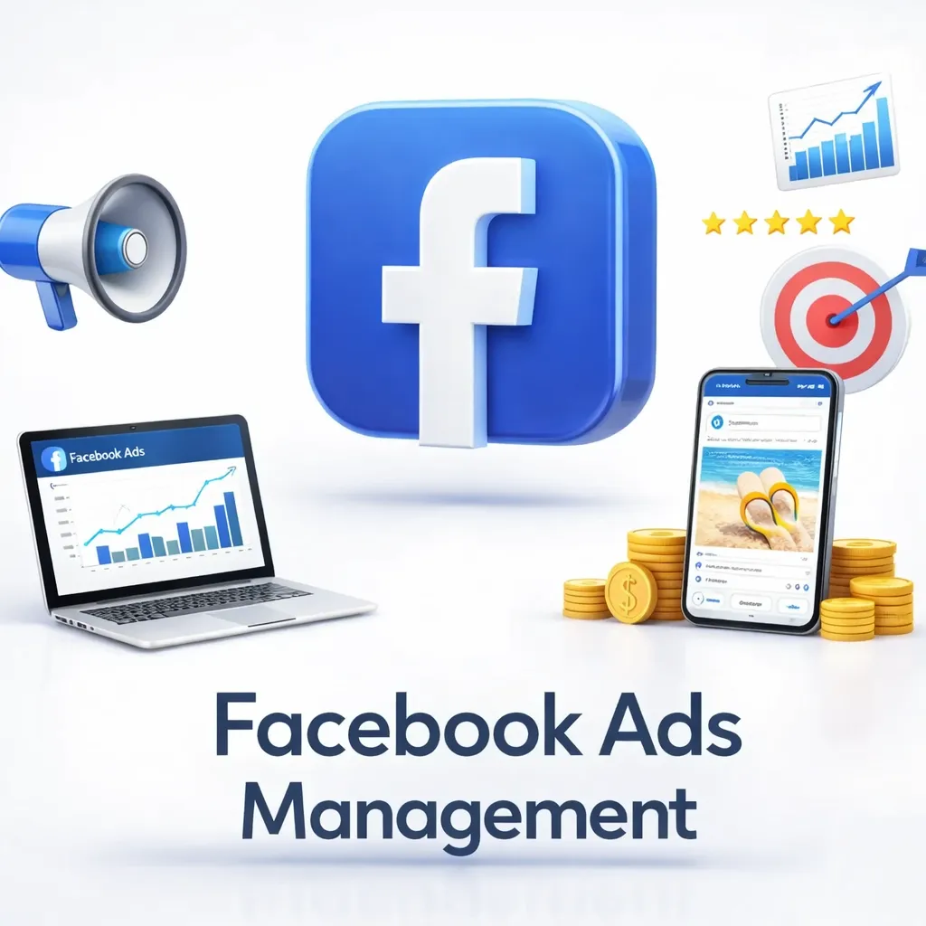 Facebook Ads management concept featuring a Facebook logo, laptop displaying ad performance graphs, smartphone showcasing ad content, megaphone, target symbol, and coins, emphasizing effective marketing strategies for med spas.