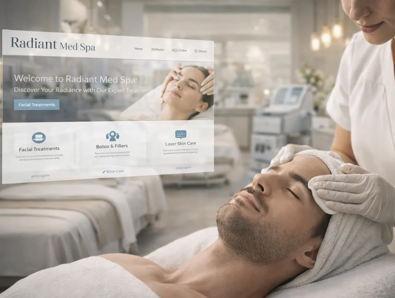 Man receiving facial treatment at Radiant Med Spa, showcasing med spa services like Botox and fillers, with a focus on patient care and comfort in a serene spa environment.