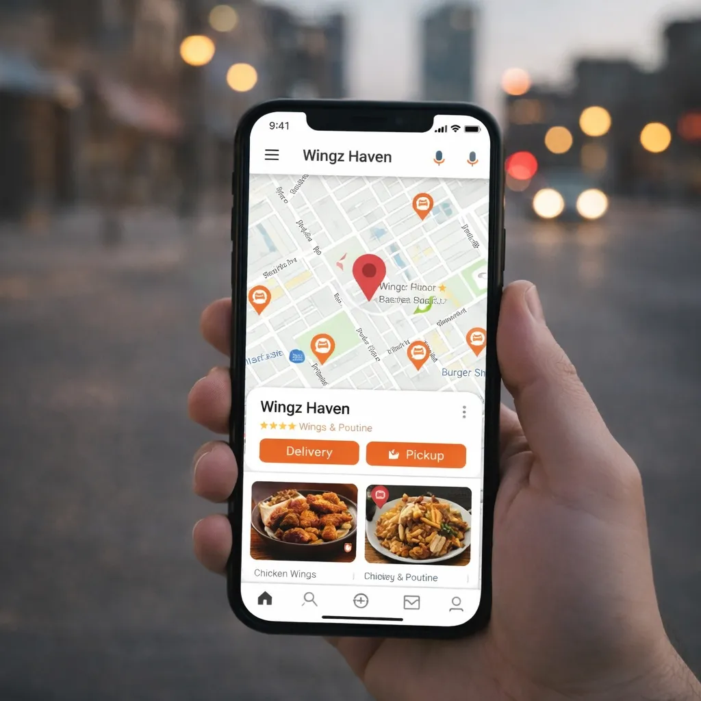 Hand holding smartphone displaying map of Wingz Haven restaurant with delivery and pickup options, featuring images of chicken wings and poutine, set against an urban backdrop.