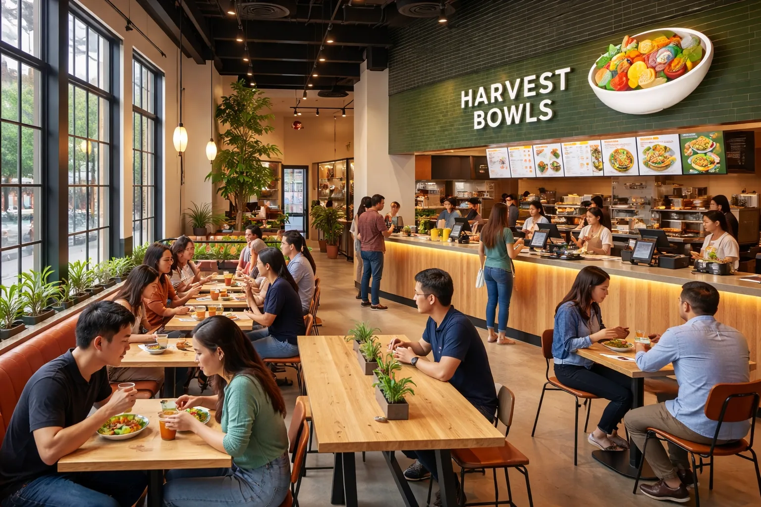 Interior of a modern restaurant named "Harvest Bowls," featuring diners enjoying meals at wooden tables, a bustling counter with staff serving food, and large windows with greenery, emphasizing a vibrant dining atmosphere.