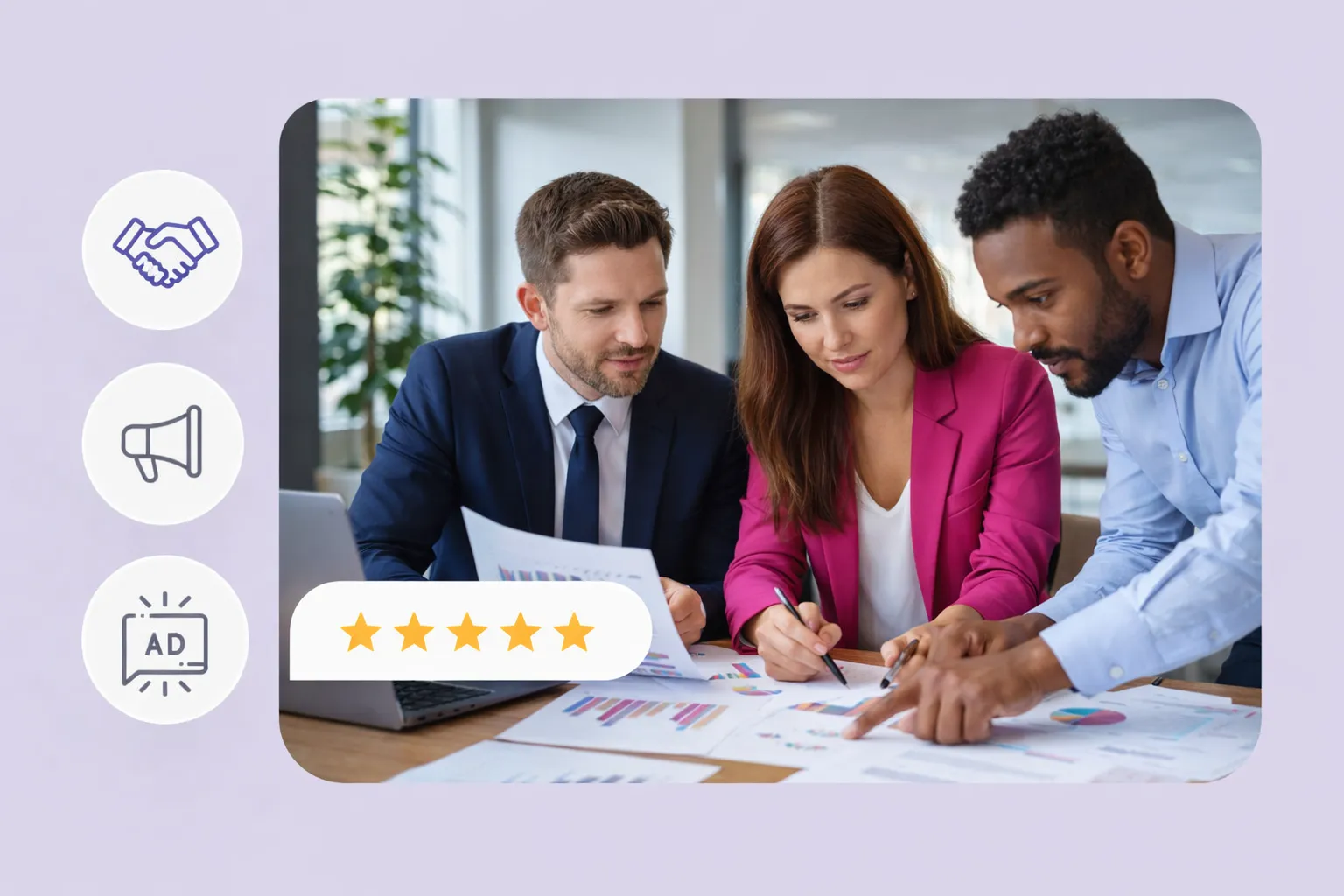 Three professionals collaborating on marketing strategies, analyzing charts and graphs, with a "5 stars" rating graphic, reflecting CASA Media House's structured approach to law firm marketing.