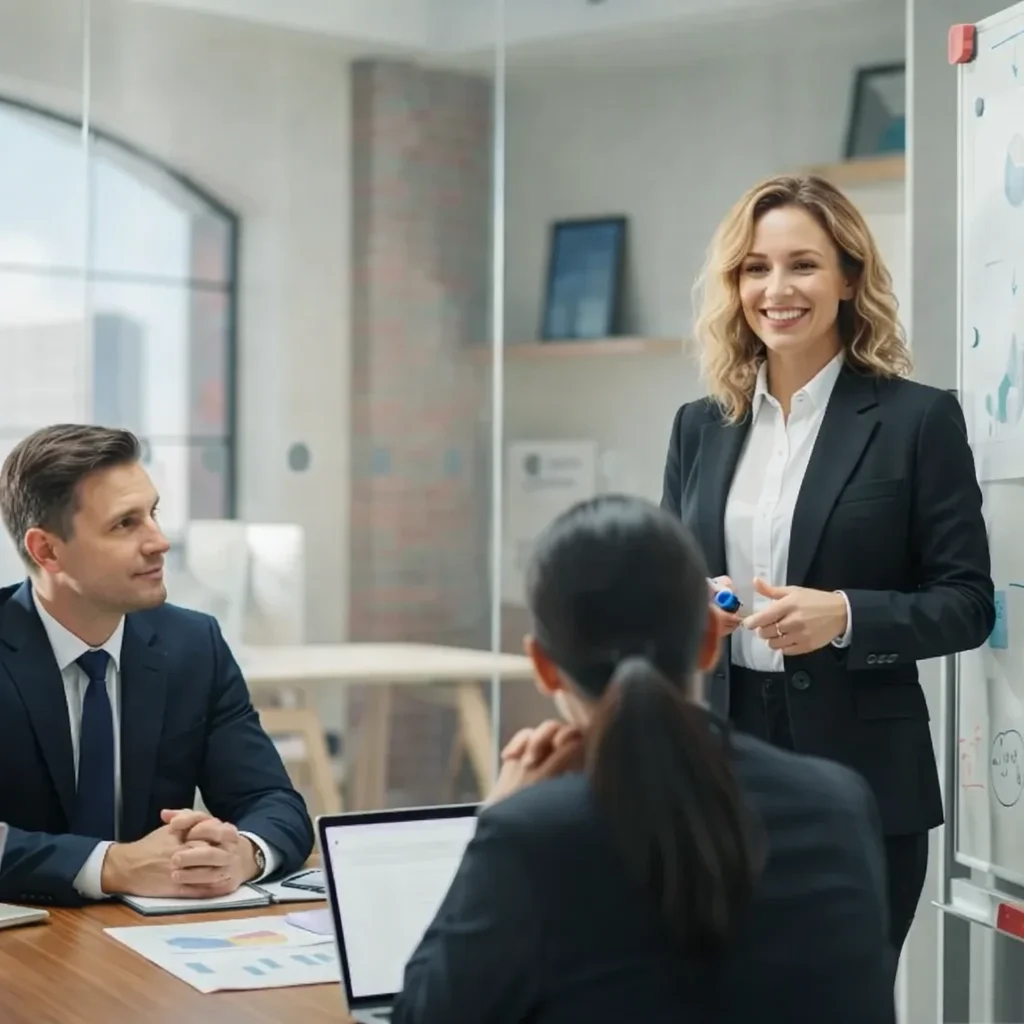 Business meeting with a female lawyer presenting to colleagues, discussing marketing strategies for law firms, professional attire and office setting.