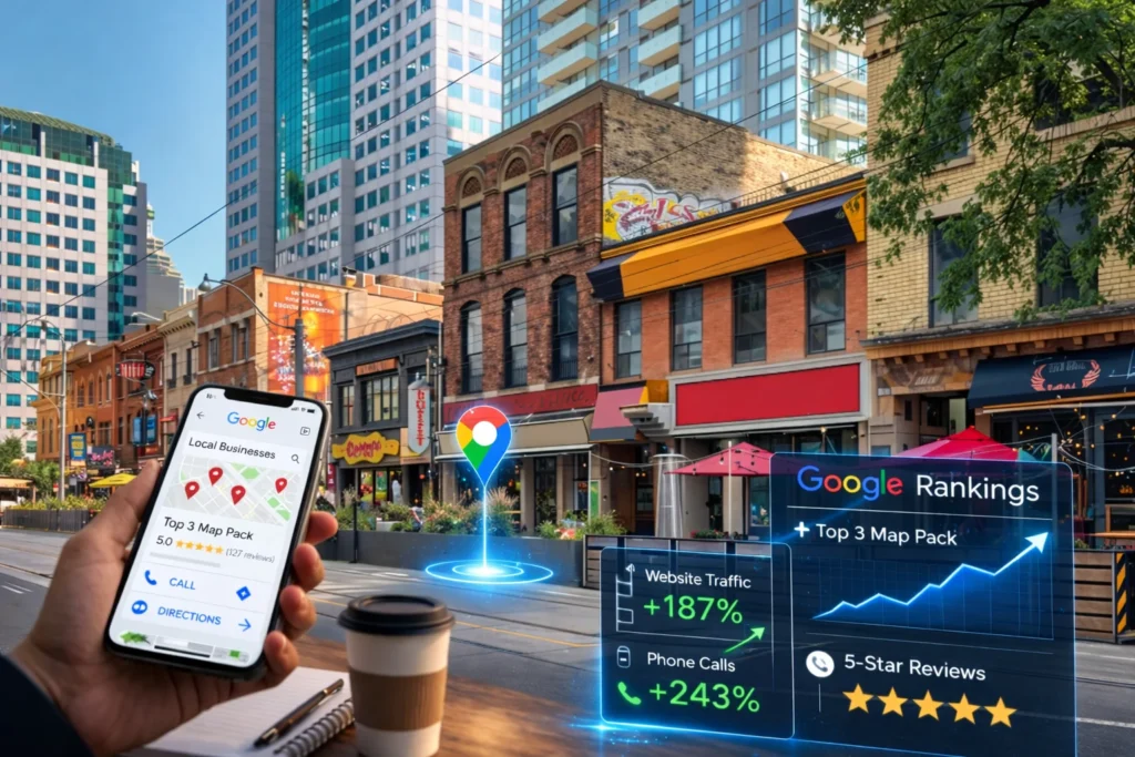 Hand holding smartphone displaying Google Local Businesses search results, featuring Top 3 Map Pack and metrics like website traffic and phone calls, with urban street scene highlighting local shops in Toronto, emphasizing local SEO strategies.