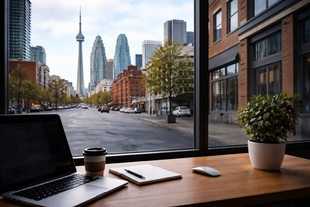 Toronto cityscape view from a modern workspace, featuring the CN Tower, laptop, coffee cup, and potted plant, emphasizing local web development and design agency context.