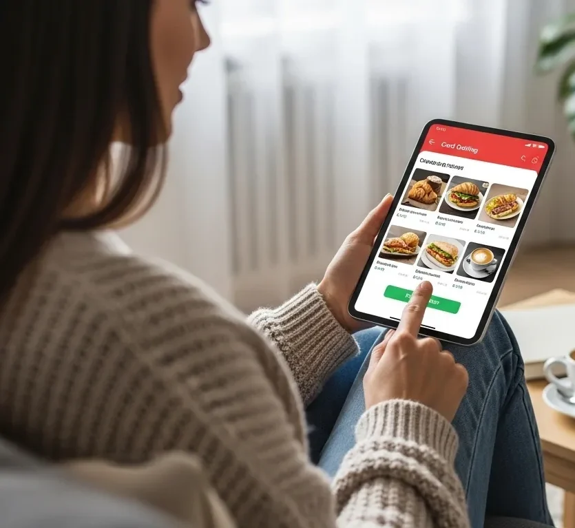 Woman browsing a food delivery app on a tablet, selecting menu items for a restaurant order, emphasizing direct online reservations and customer engagement in the hospitality industry.