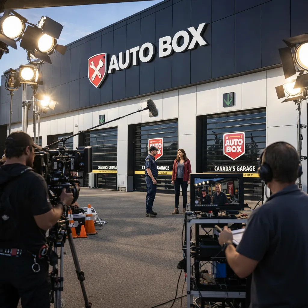 Film crew filming a promotional segment outside an AUTO BOX garage, featuring a man and a woman interacting, with production equipment and lighting visible, emphasizing franchise marketing for automotive services.