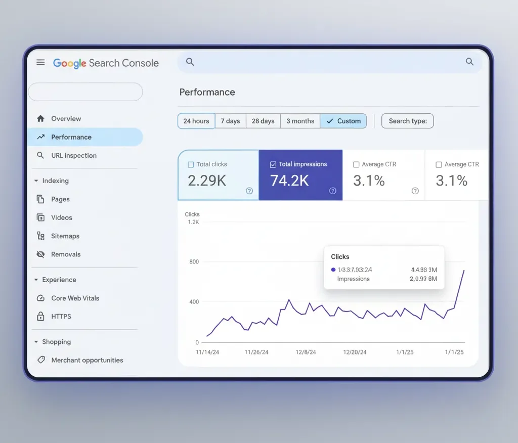 Dashboard displaying Google Search Console performance metrics, including total clicks, total impressions, and average click-through rate, with a line graph illustrating click trends over time.