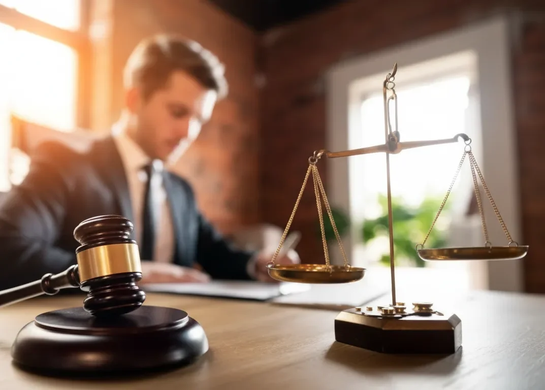 Lawyer at desk with gavel and scales of justice, symbolizing structured law firm marketing and case growth.