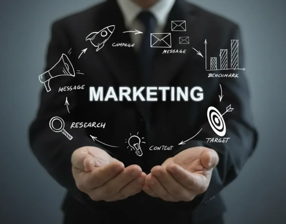 Marketing strategies illustrated with hands holding a graphic displaying key elements like research, content, target, message, and benchmark, emphasizing structured law firm marketing solutions.