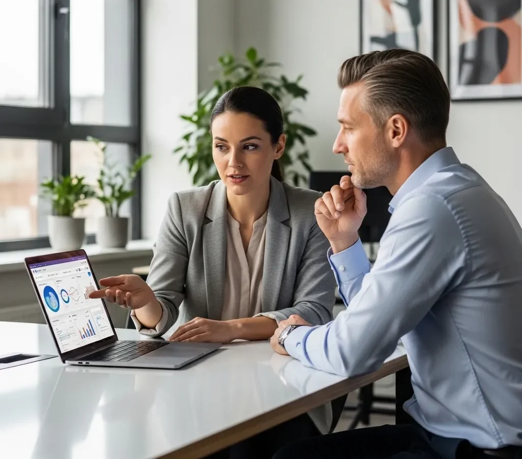 Business professionals discussing digital marketing strategies with data visualization on laptop, emphasizing measurable outcomes for effective Facebook marketing in Vancouver.