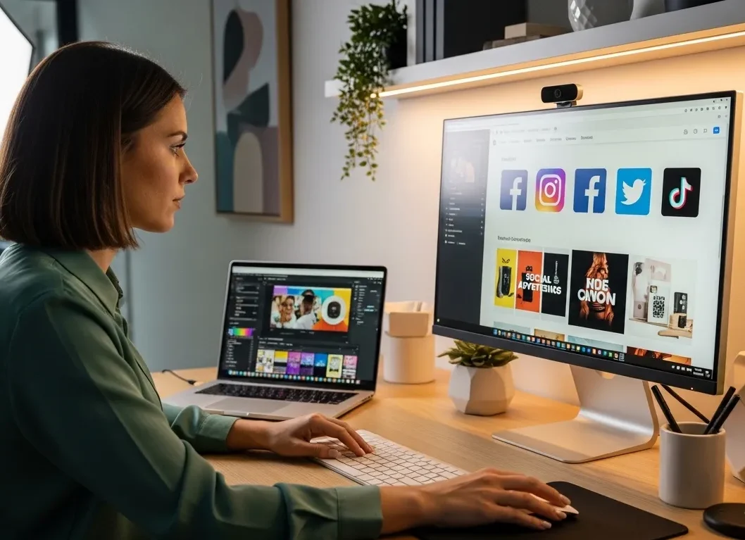 Woman working on a computer displaying social media icons and design projects, emphasizing digital marketing strategies for home renovation companies.