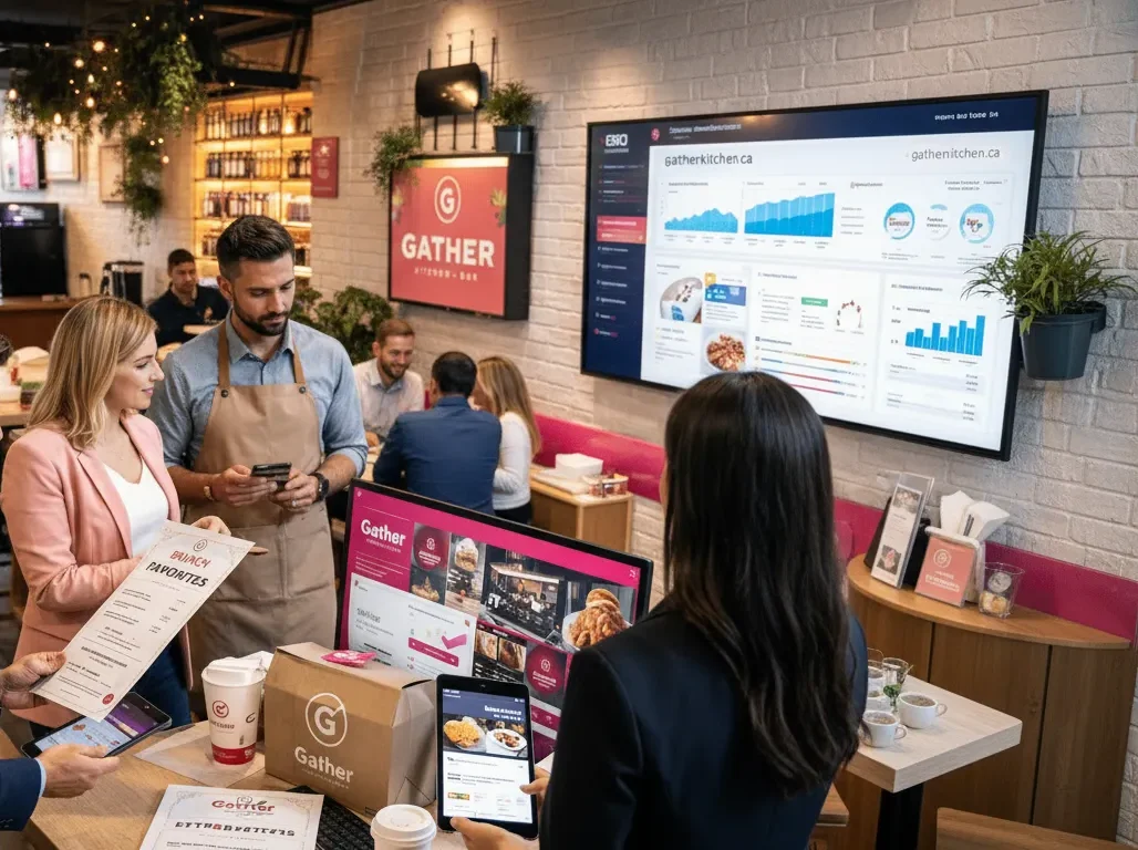 Restaurant staff discussing marketing strategies with digital analytics displayed on a screen, featuring the "Gather" brand logo and menus, highlighting direct customer engagement and data-driven decision-making.