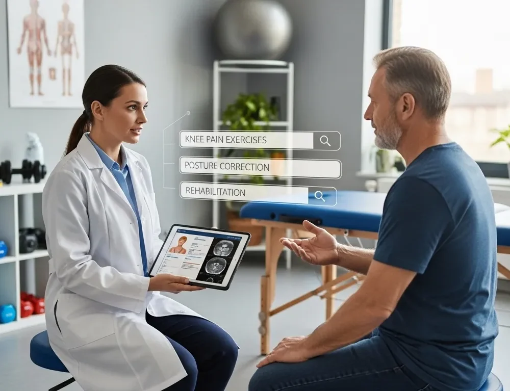 Physiotherapist consulting a patient while reviewing treatment options and search-based healthcare information.