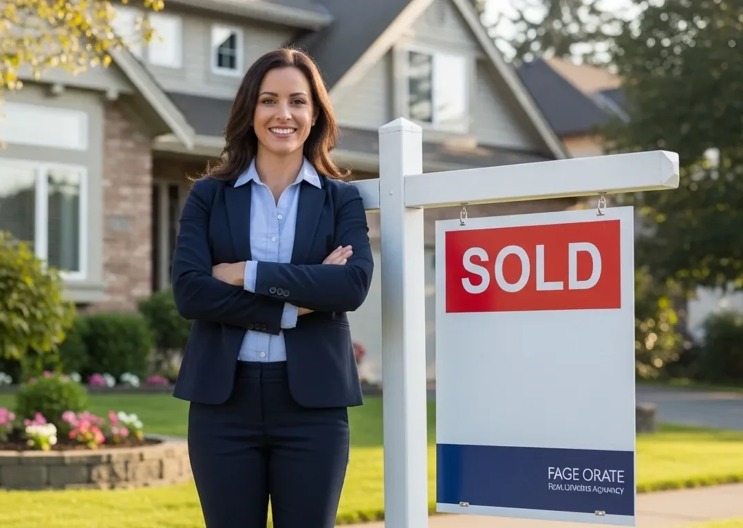 Successful real estate agent standing beside a sold property sign representing real estate marketing success.