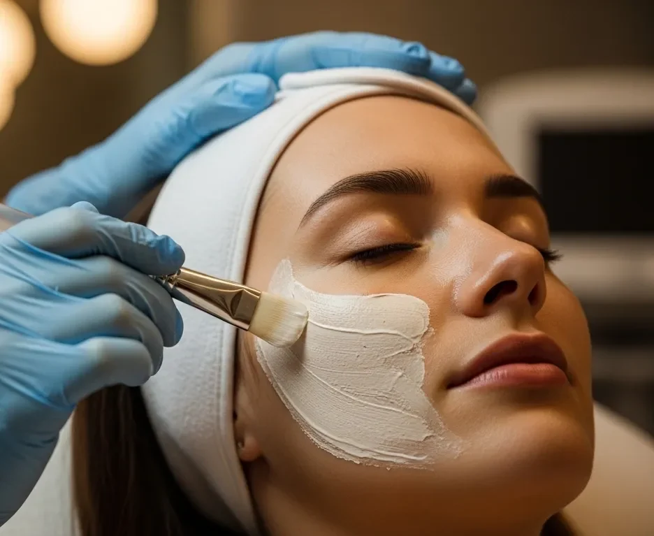 Woman receiving facial treatment in med spa, aesthetic procedure with cream application, professional skincare, enhancing patient outcomes and branding in medical aesthetics.