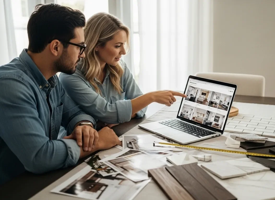 Couple discussing home renovation ideas while viewing design options on a laptop, surrounded by architectural plans and materials.