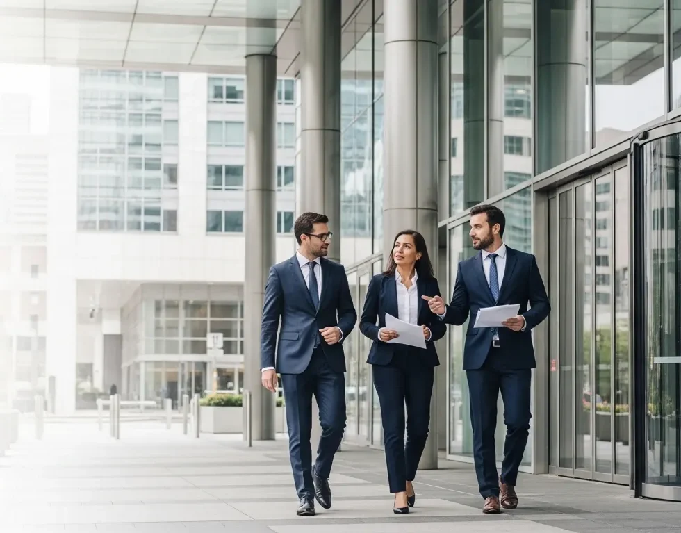 Three professionals in business suits walking together outside a modern office building, discussing documents related to financial services marketing strategies.