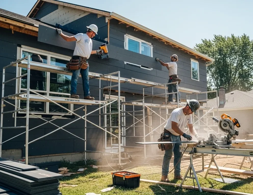 Construction workers installing siding on a home renovation project, utilizing scaffolding and power tools in a residential setting.