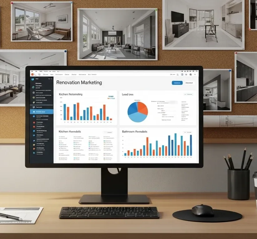 Dashboard displaying renovation marketing analytics, featuring graphs for kitchen and bathroom remodel leads, surrounded by images of completed renovation projects.