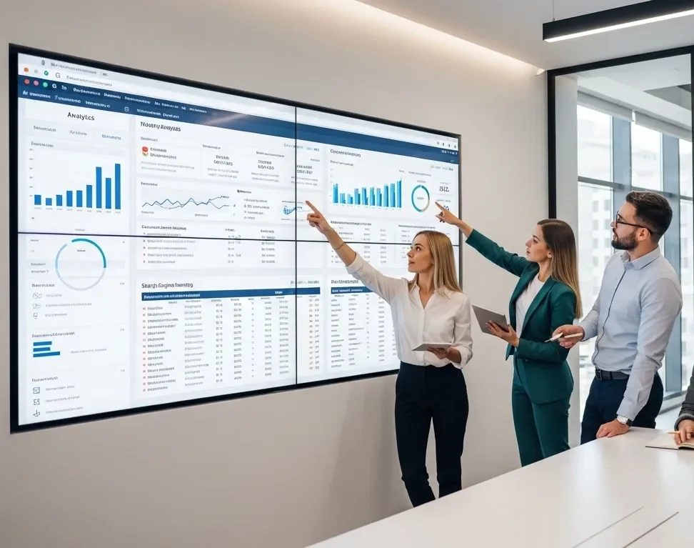 Business team analyzing financial marketing analytics on a large screen, discussing SEO and paid media integration for structured growth.