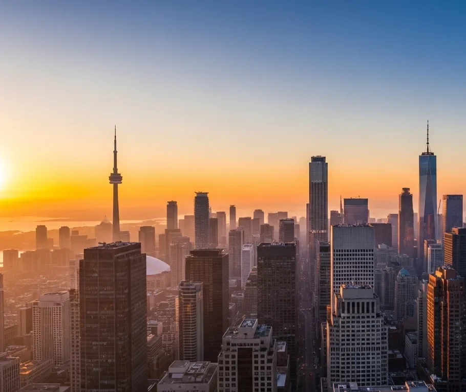 City skyline at sunrise featuring the CN Tower and skyscrapers, representing urban growth and financial markets relevant to CASA Media House's advisory services.