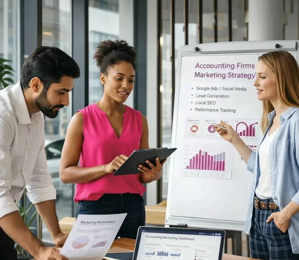 Group of marketing professionals discussing accounting firms' marketing strategies, featuring charts on performance tracking, local SEO, and lead generation, in a modern office setting.