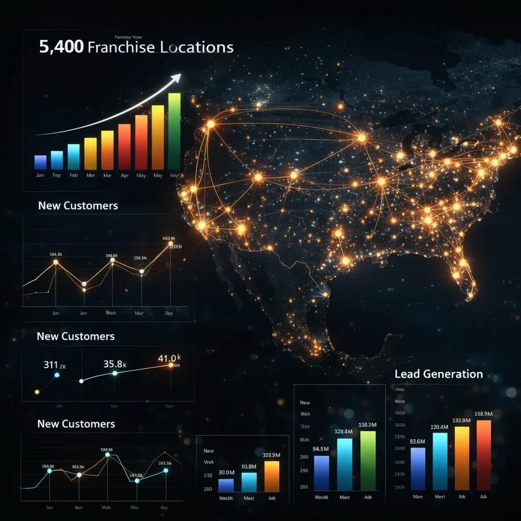 5,400 franchise locations visualized with growth charts, customer acquisition metrics, and lead generation statistics across the United States.