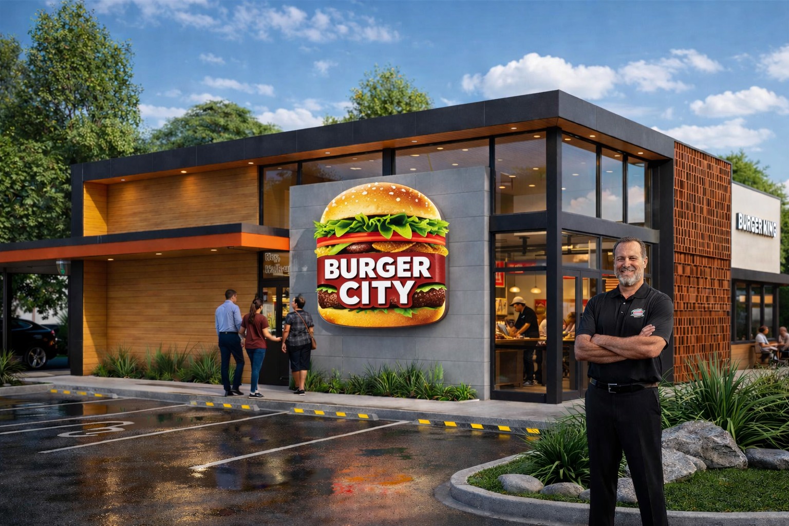 Franchise owner standing confidently outside Burger City restaurant with vibrant signage, showcasing brand identity and inviting customers.