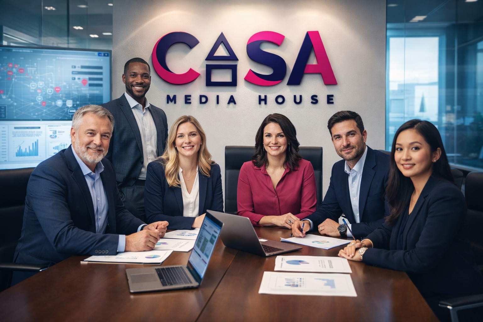 Group of professionals at CASA Media House discussing franchise marketing strategies, with digital analytics and reports visible in the background.